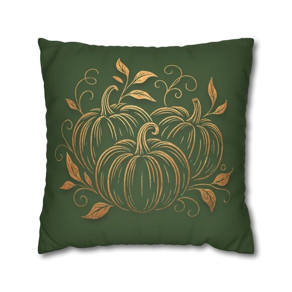 Autumn Pumpkin Floral Square Pillowcase - Green - Picture 4 of 8